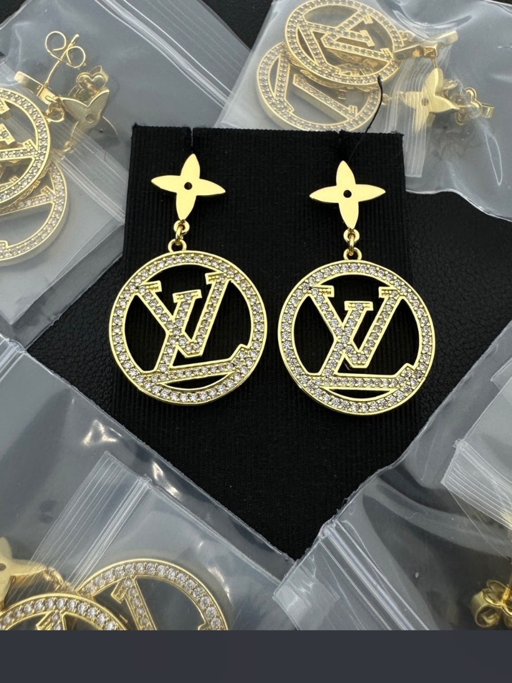 Louis. Vuitton. Flower Monogram Letter Logo Rhinestone Dangle Earrings